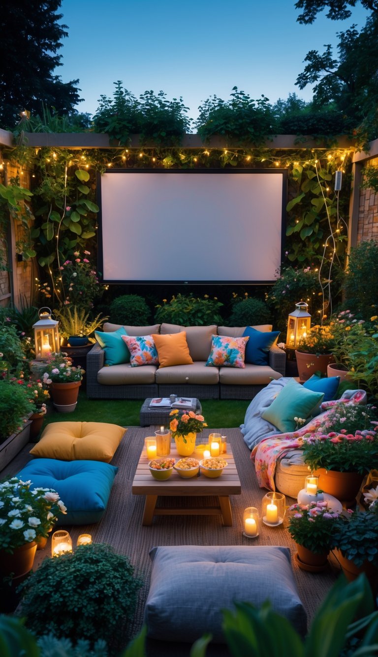 A garden room with a large projector screen, cozy seating, plants, and soft lighting set up for an outdoor movie experience.
