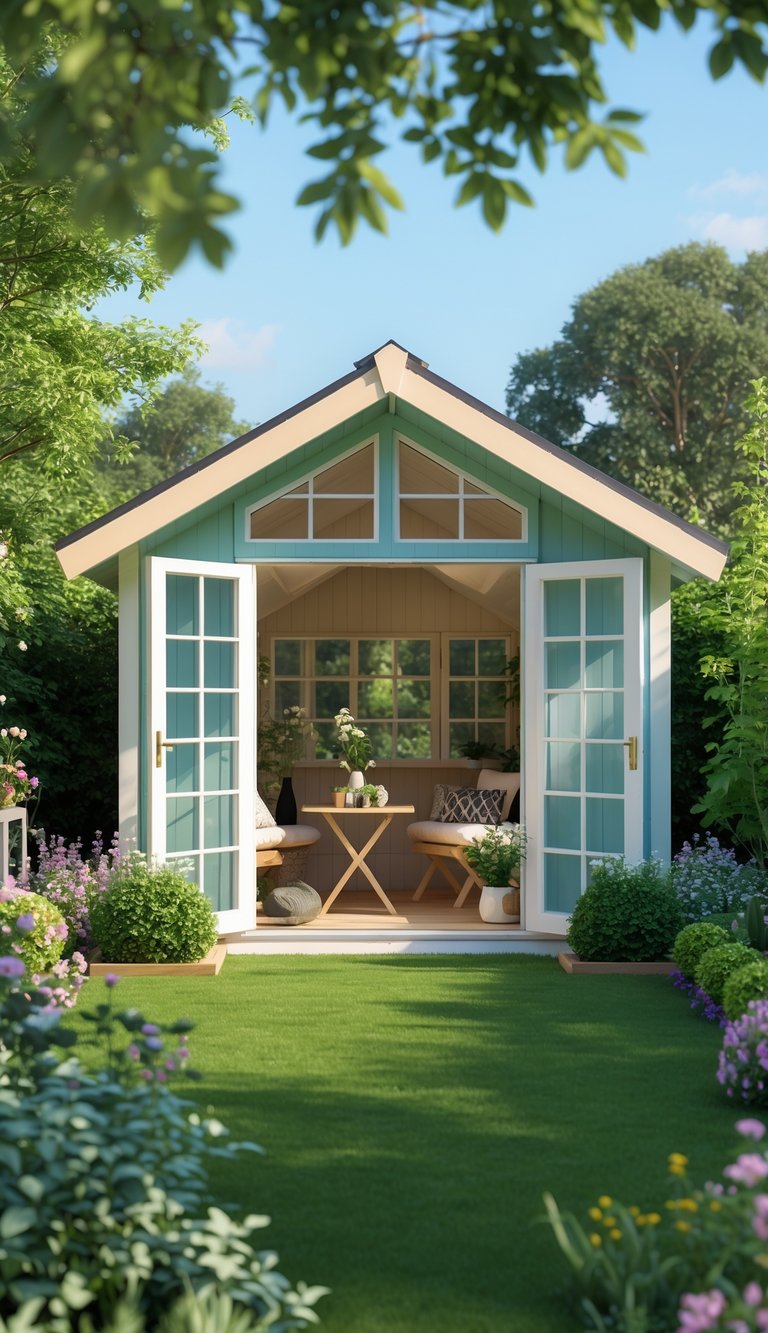 A life-size wooden garden room surrounded by flowers and greenery in a sunny garden.