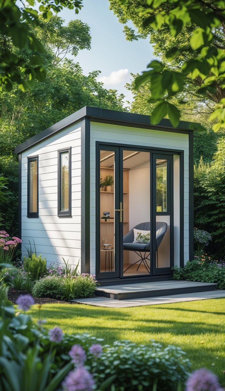 A small prefabricated insulated garden bothy surrounded by plants and greenery in a sunny garden.