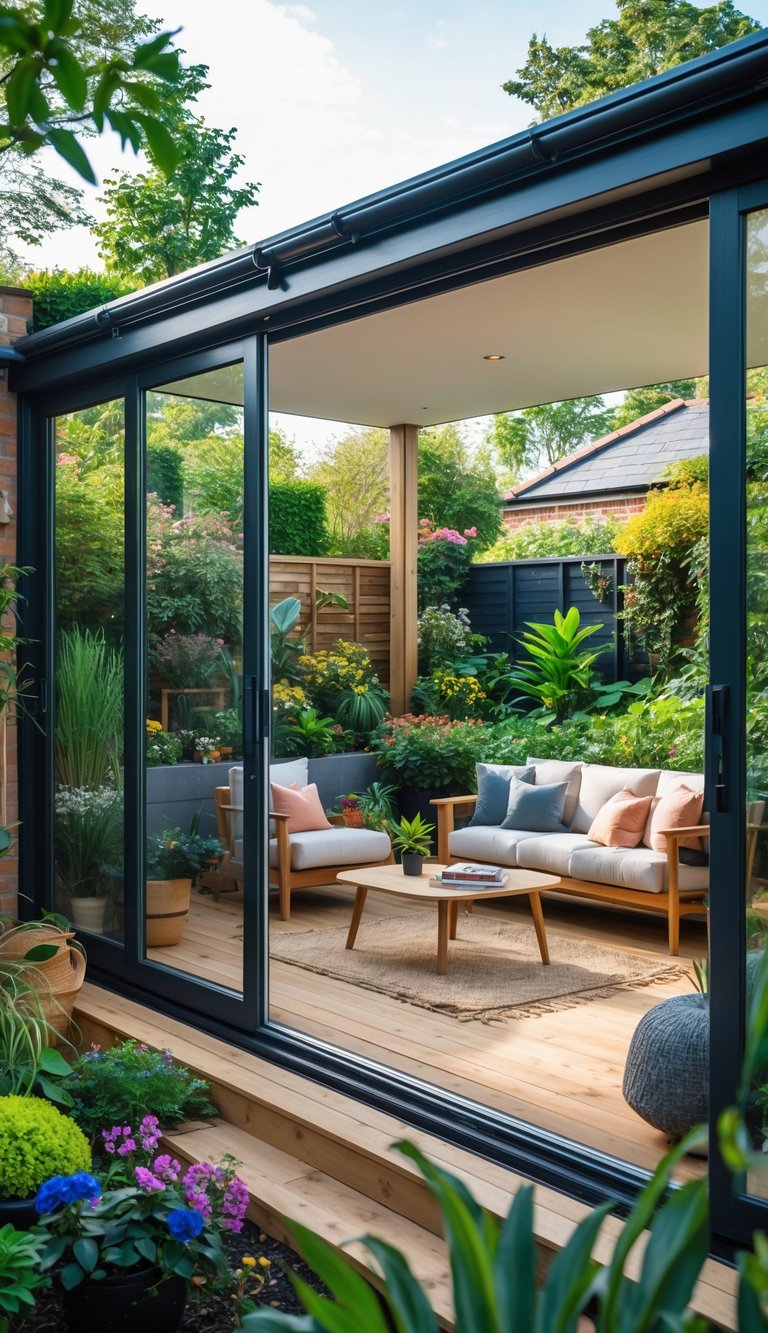 A garden room with large open glass doors connecting to a green garden, featuring comfortable seating and natural light.