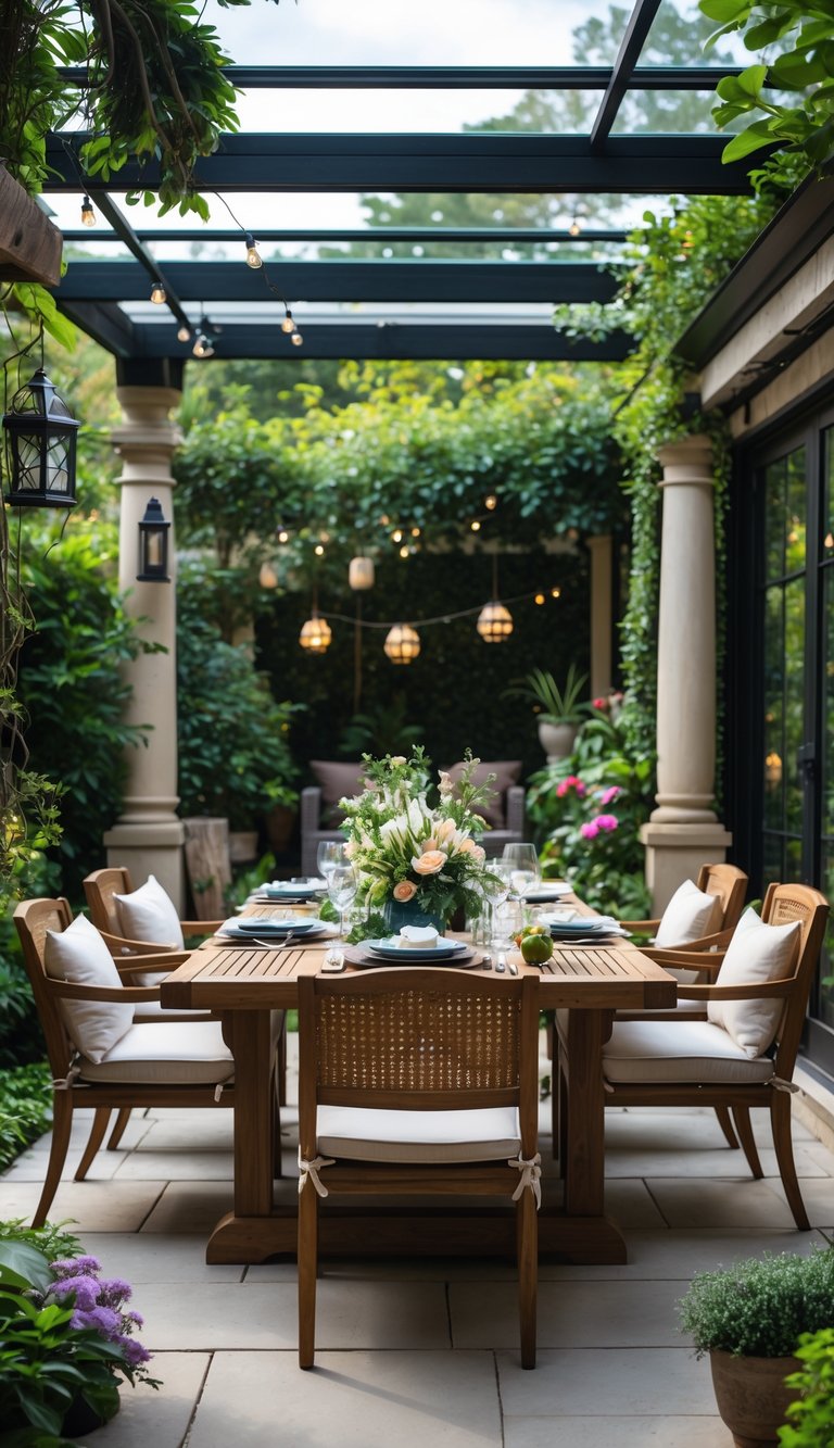 Outdoor dining table set for a meal surrounded by plants and garden elements in a covered garden room.