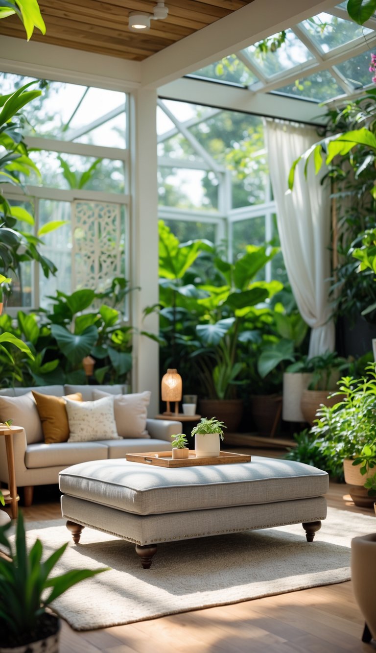 A garden room with a stylish ottoman surrounded by plants and natural light.
