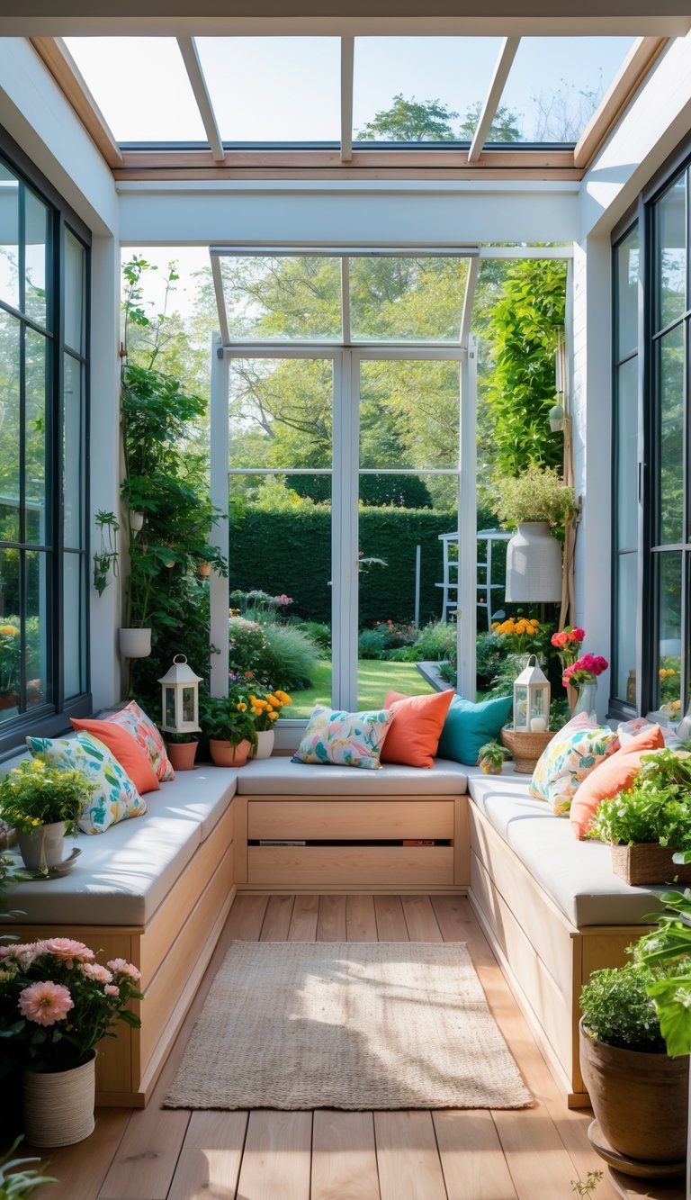 A garden room with built-in wooden storage benches topped with cushions and surrounded by plants, with large windows showing a green garden outside.