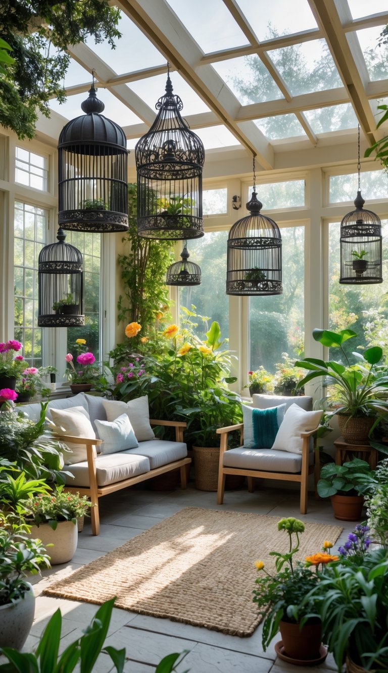 A garden room decorated with hanging birdcages, surrounded by green plants and flowers, with comfortable seating and natural light.