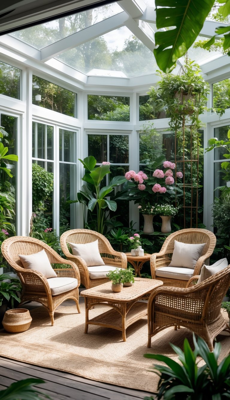 A garden room with wicker chairs and a coffee table surrounded by plants and natural light.