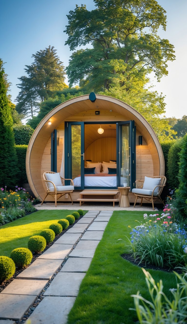 A modern glamping pod garden room surrounded by a vibrant garden with flowers, bushes, and a stone pathway under a clear sky.