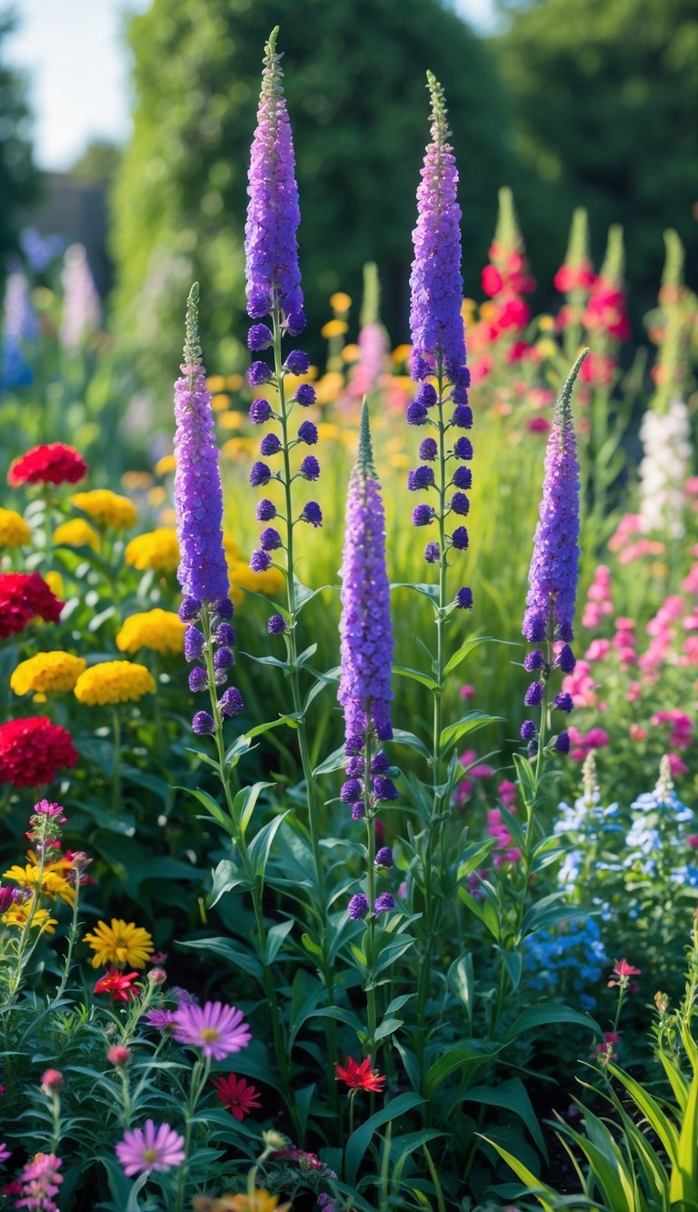 A vibrant garden with tall purple Joe-Pye Weed flowers surrounded by various colorful blooming perennial plants.