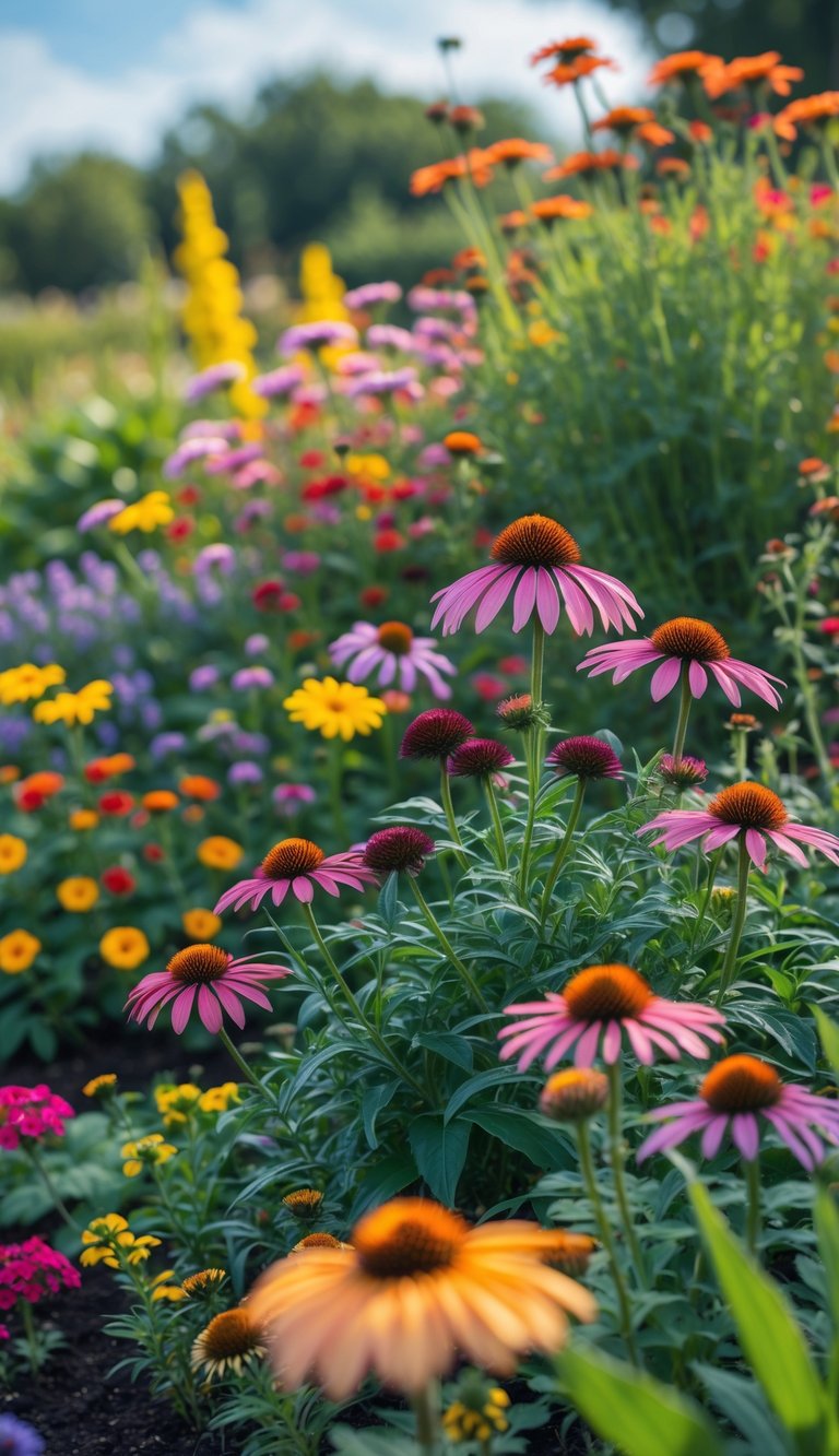 A colorful perennial garden with purple coneflowers and various blooming flowers attracting bees and butterflies under a sunny sky.