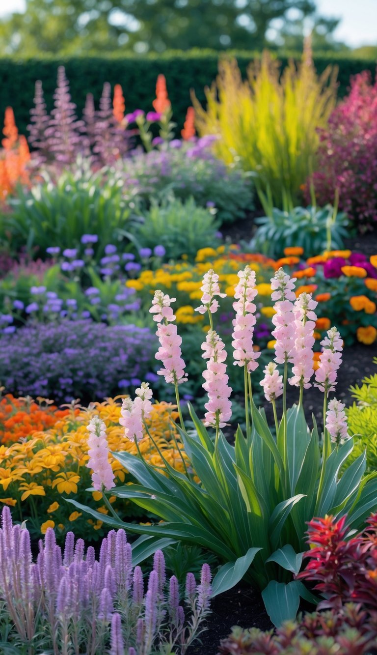 A colorful perennial garden with pale pink Culver's root flowers among various blooming plants in a lush outdoor setting.