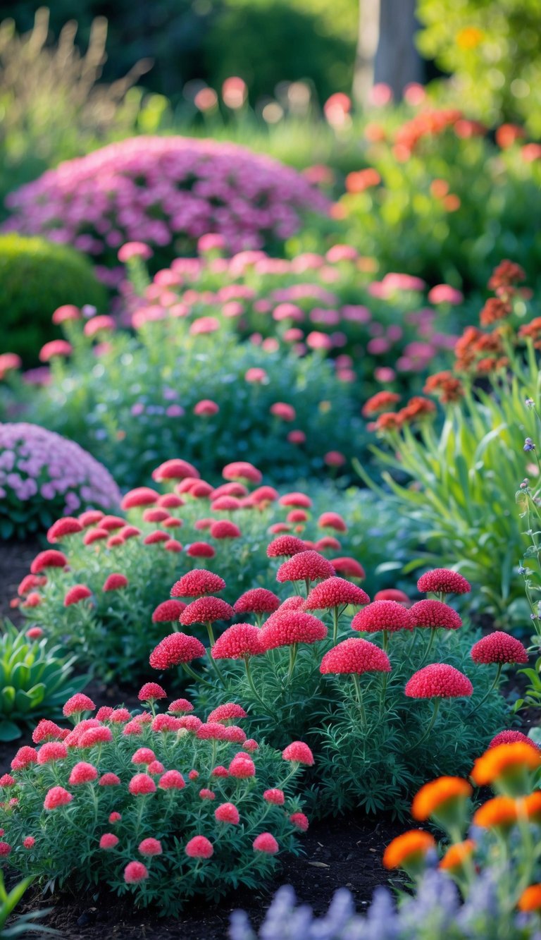 A colorful garden with flowering sedums and various late-blooming perennial plants in full bloom.