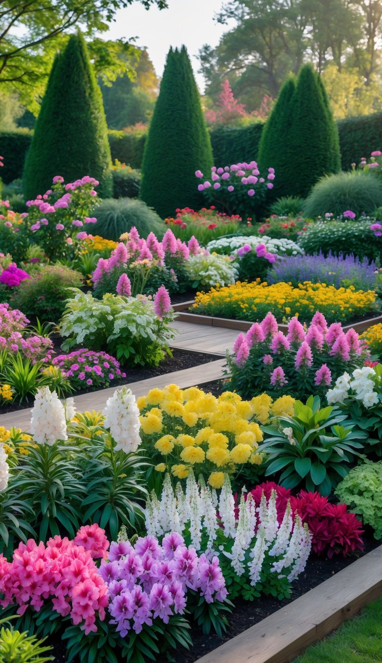 A colorful perennial garden with blooming flowers and evergreen rhododendrons arranged in multiple garden beds.