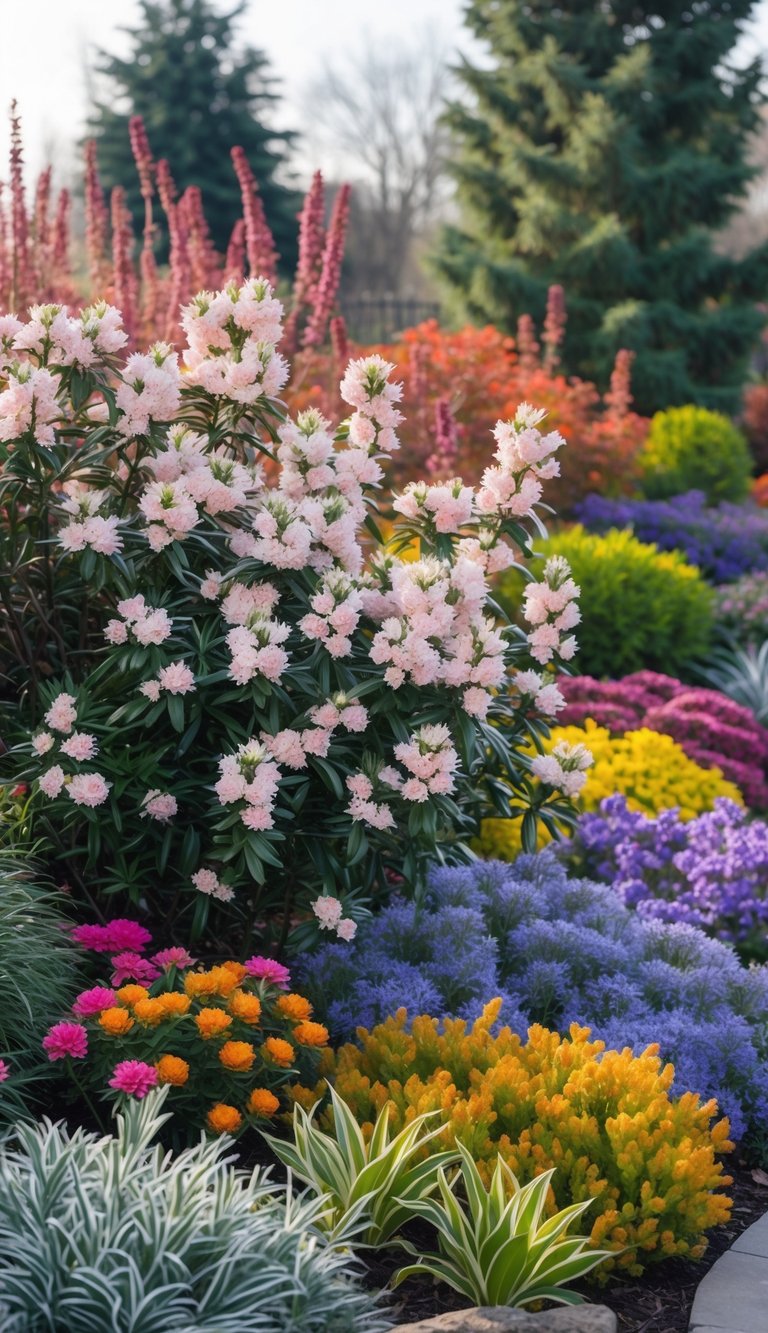 A colorful winter garden featuring blooming winter daphne shrubs surrounded by various vibrant perennial flowers in a well-arranged layout.