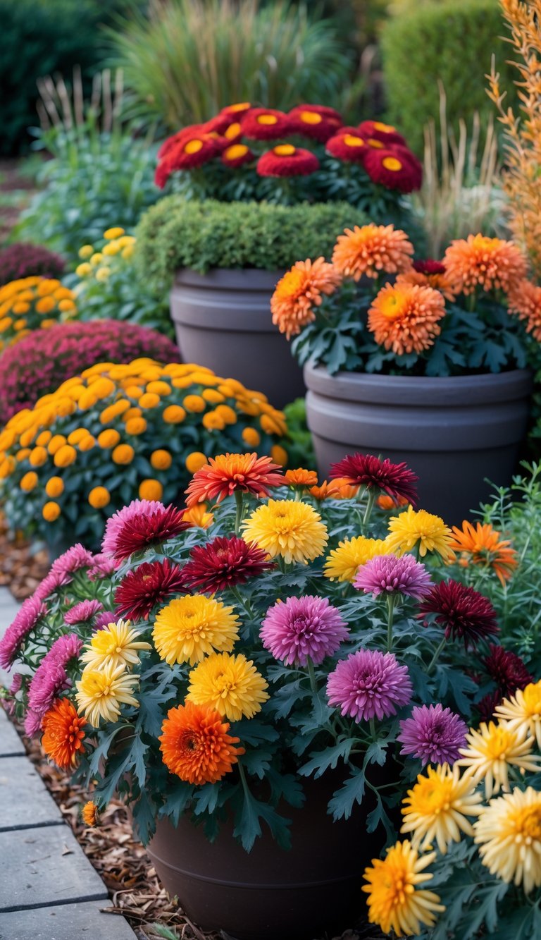 Containers filled with colorful chrysanthemums arranged in a garden with green foliage and other flowering plants during fall.