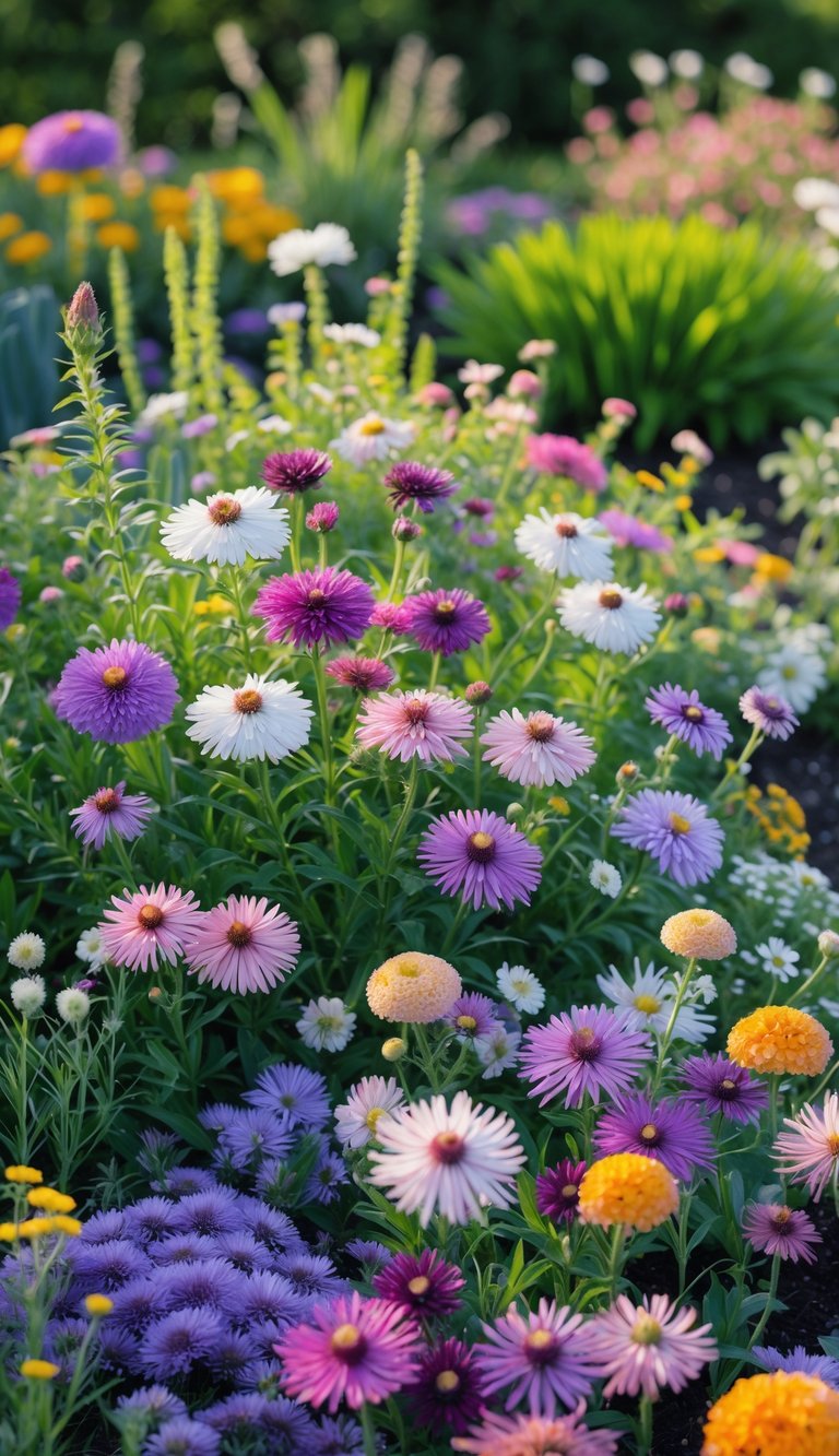 A colorful garden filled with blooming asters and various perennial flowers in vibrant shades of purple, pink, white, yellow, and orange.