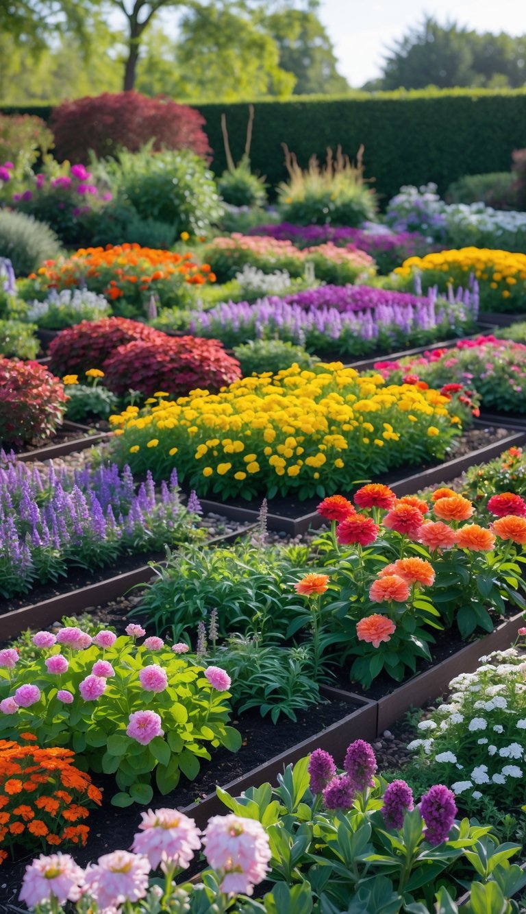 A colorful perennial garden with multiple flower beds showing a variety of blooming plants under different sunlight conditions.