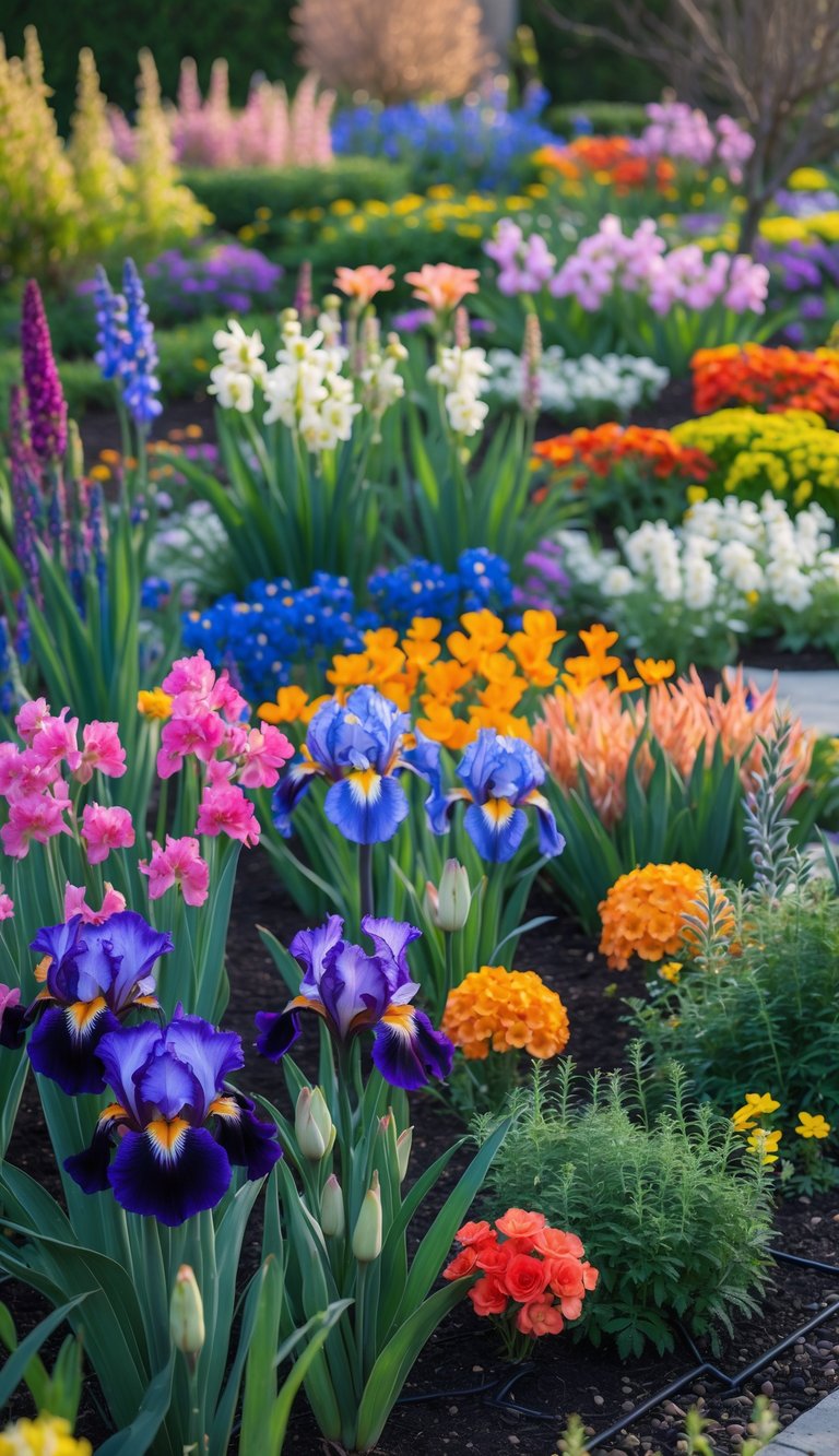 A vibrant perennial garden with colorful flowers including bold purple and blue irises blooming among various other flowers and green foliage.