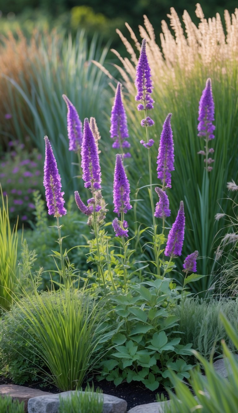 A colorful perennial garden with tall purple flowers and native grasses growing together in a lush, green setting.