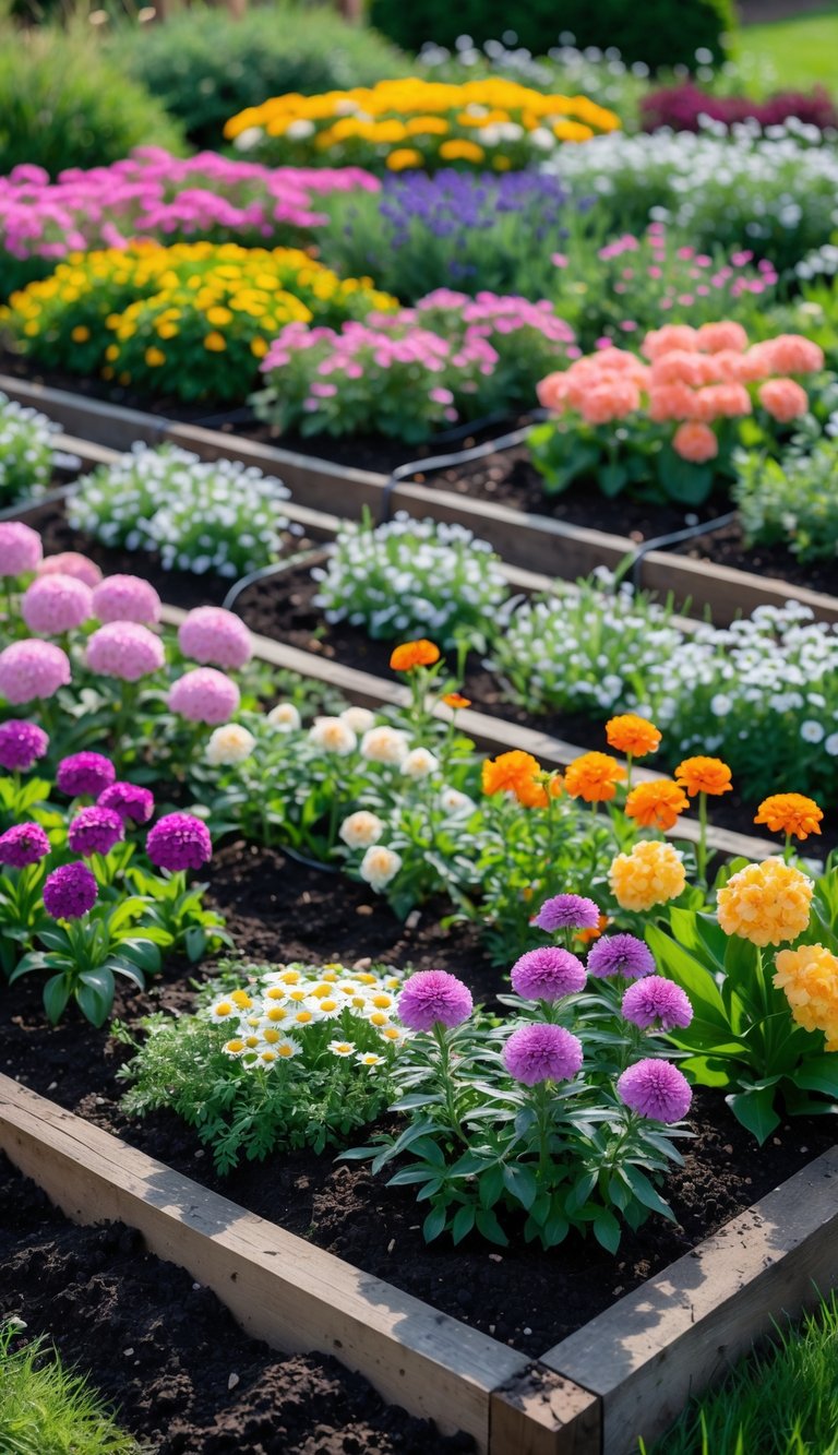 A colorful perennial garden with blooming flowers and healthy soil in garden beds on a sunny day.