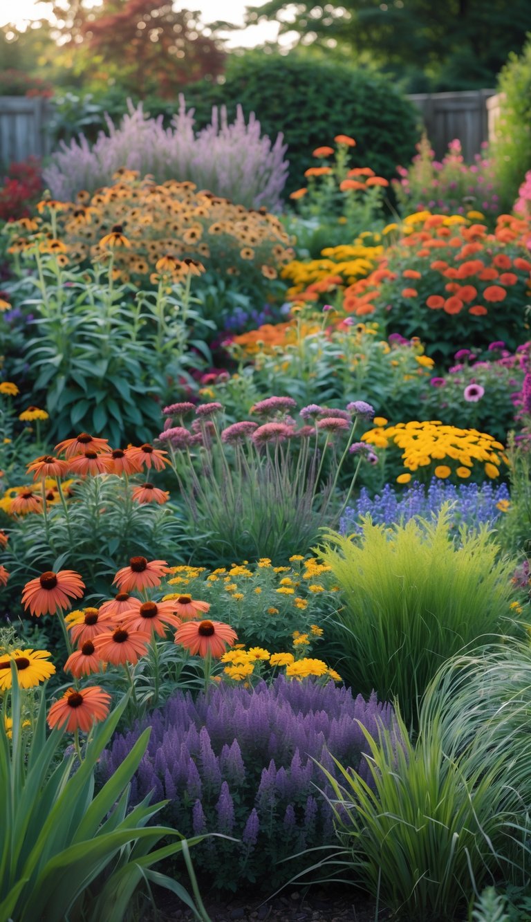 A colorful perennial garden with a variety of blooming flowers in shades of red, orange, yellow, purple, and blue, arranged in layers from tall to low plants.
