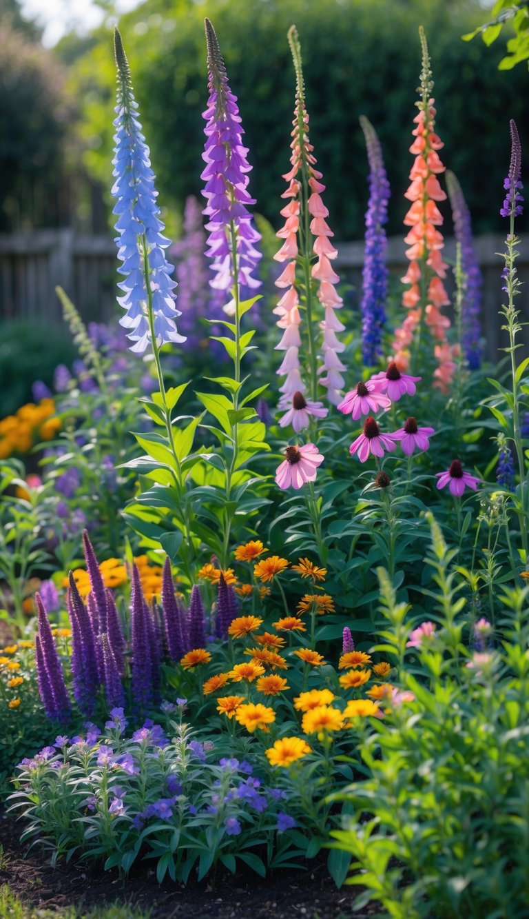 A colorful perennial garden with flowers arranged in layered heights, creating depth and variety.