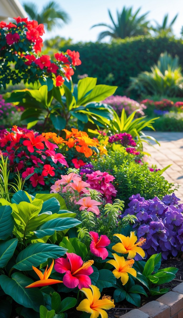 A colorful perennial garden with various tropical plants and flowers blooming under clear sunlight.