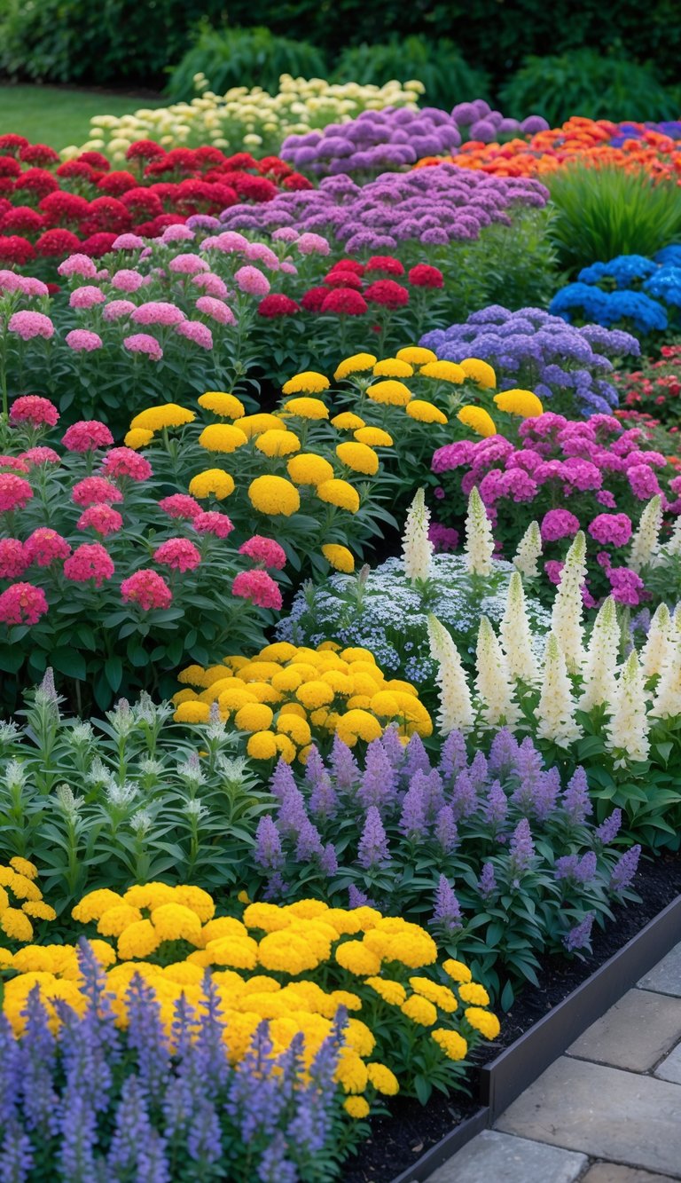 A colorful perennial garden with multiple groups of blooming flowers arranged by color, creating a vibrant and organized display.