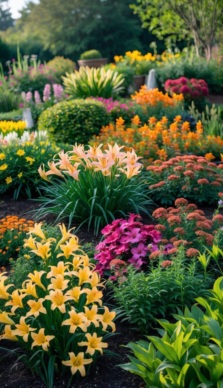 A colorful perennial garden with blooming daylilies and various flowers arranged in multiple layouts, surrounded by green foliage.