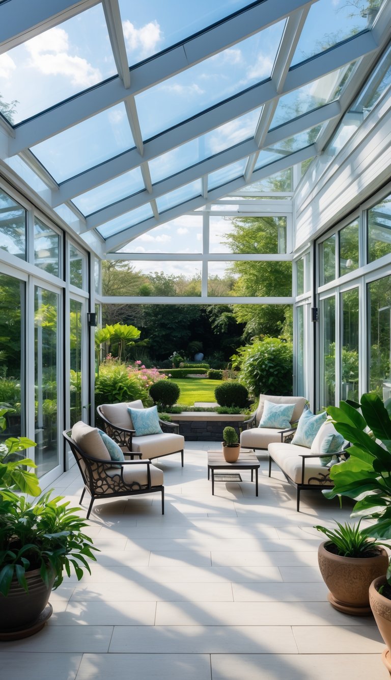 A glass-enclosed patio with skylights, comfortable seating, plants, and a view of a garden outside.