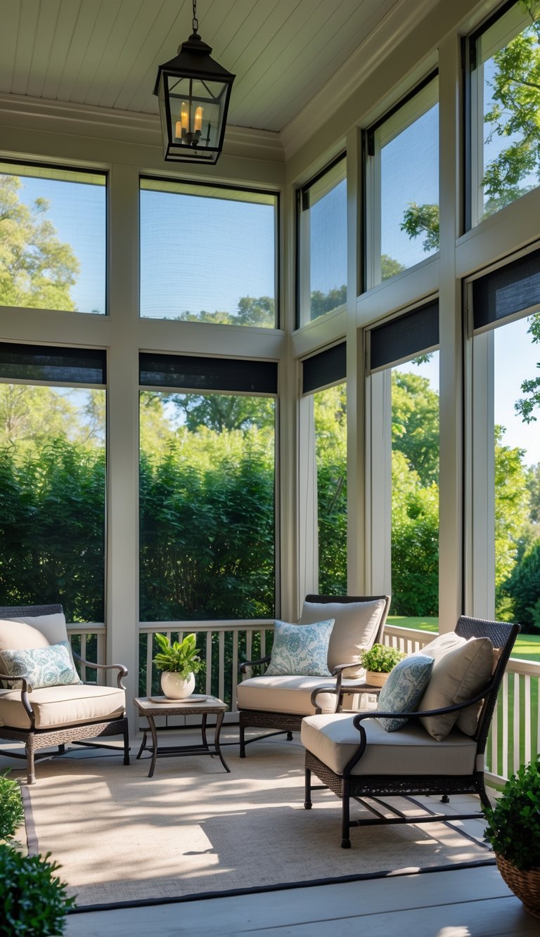 A screened-in porch with retractable screens, comfortable seating, and a view of a green garden outside.