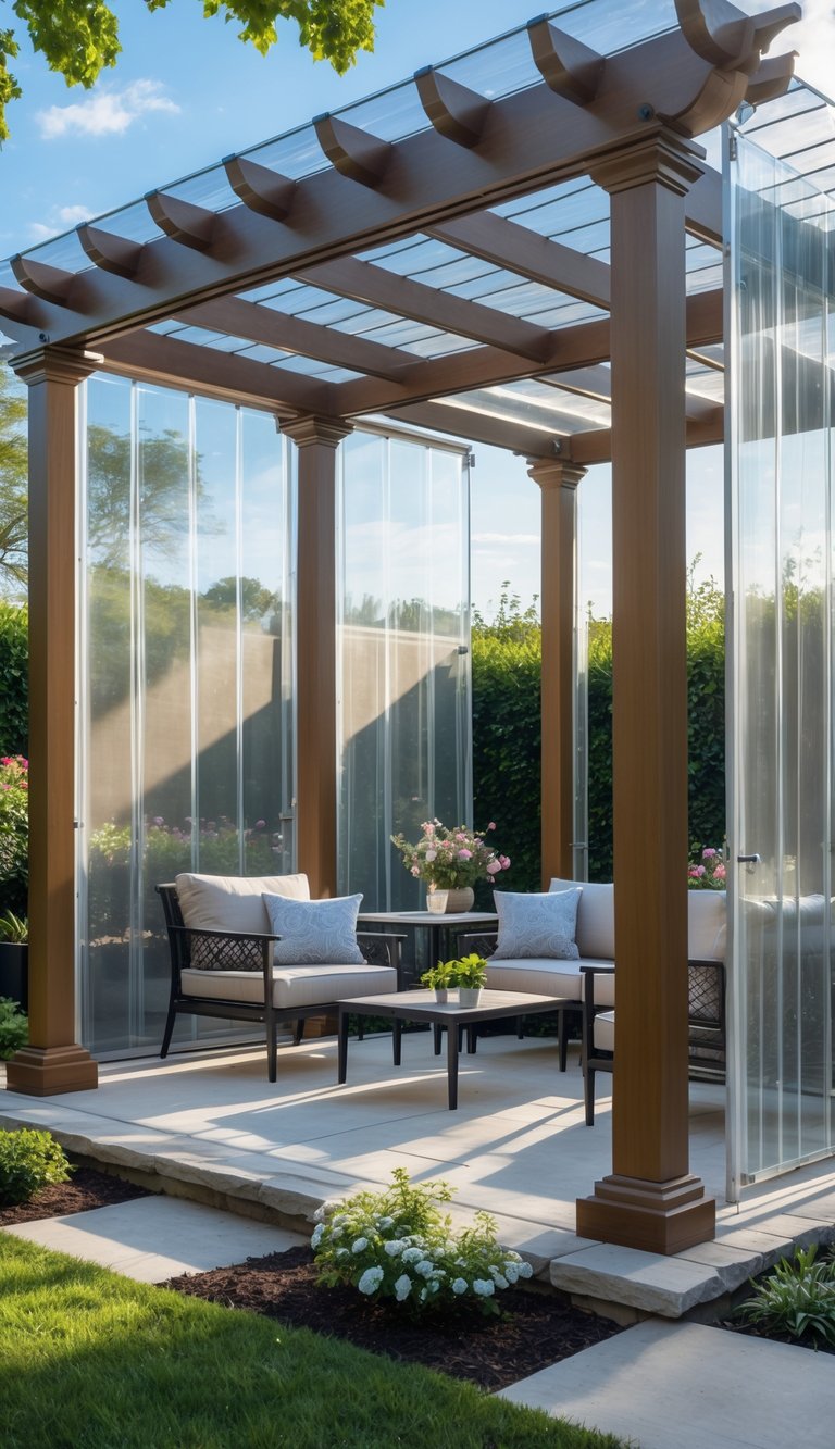 A pergola with clear vinyl panels enclosing an outdoor seating area surrounded by greenery and sunlight.