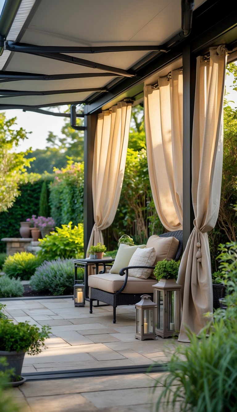 An enclosed patio with retractable awnings and outdoor curtains, furnished with cushioned chairs and surrounded by greenery.