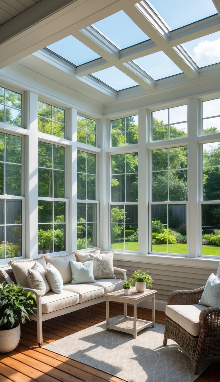 A sunroom with floor-to-ceiling windows overlooking a green garden, furnished with comfortable seating and a small table.