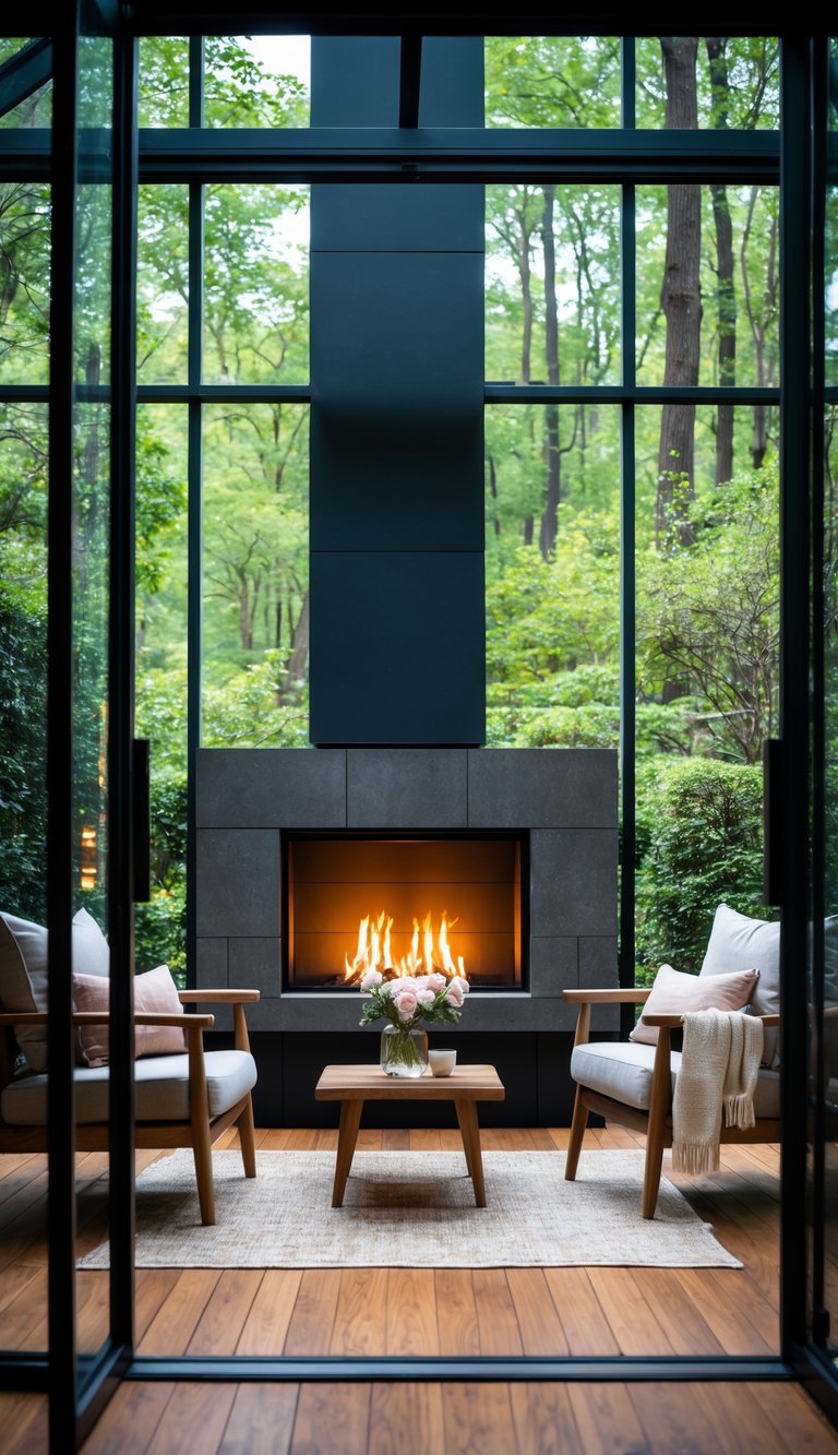 Enclosed sitting area with a fireplace, cushioned chairs, wooden coffee table, and large windows showing greenery outside.