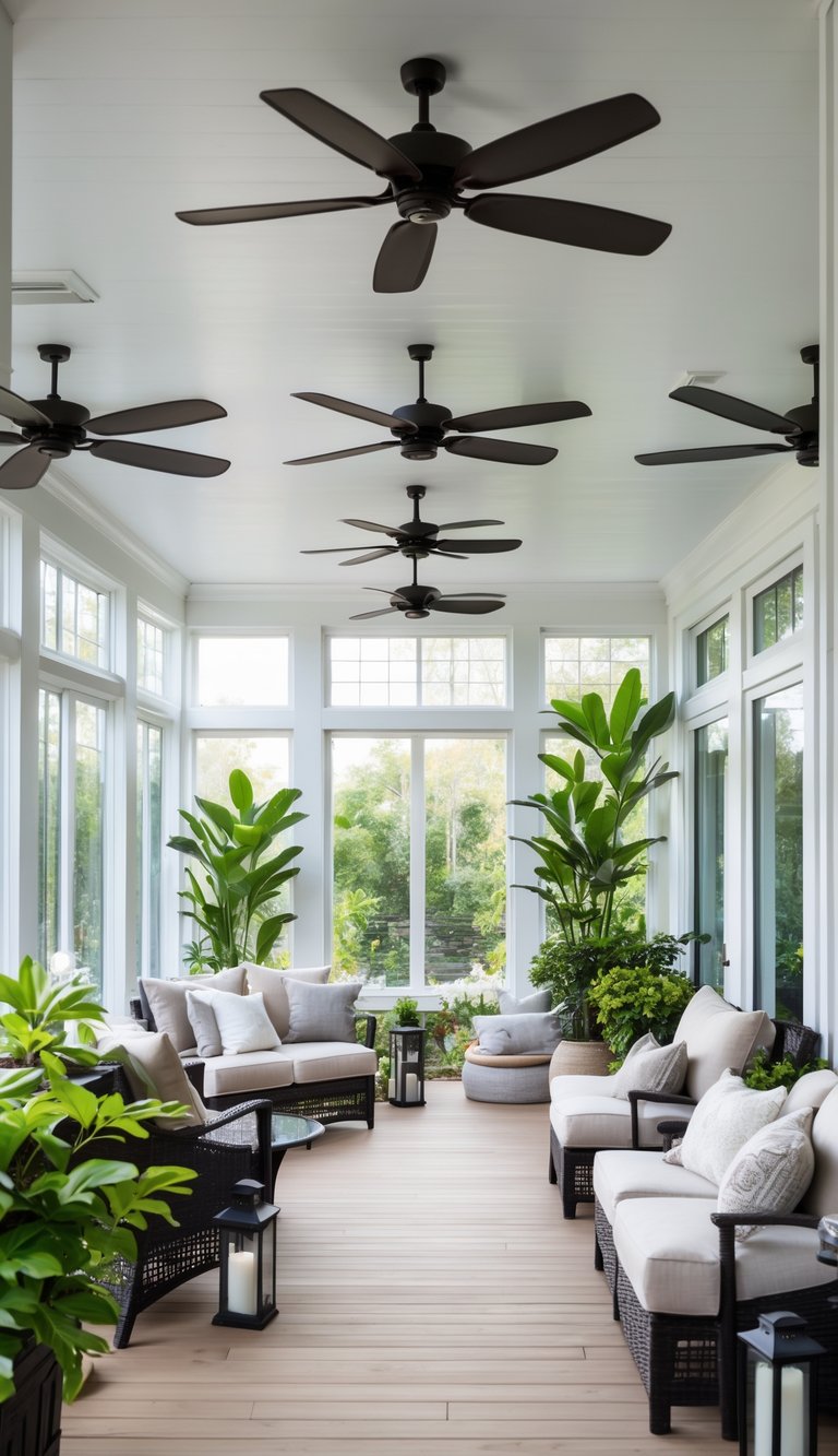 An enclosed patio with modern ceiling fans, comfortable seating, plants, and large windows letting in natural light.