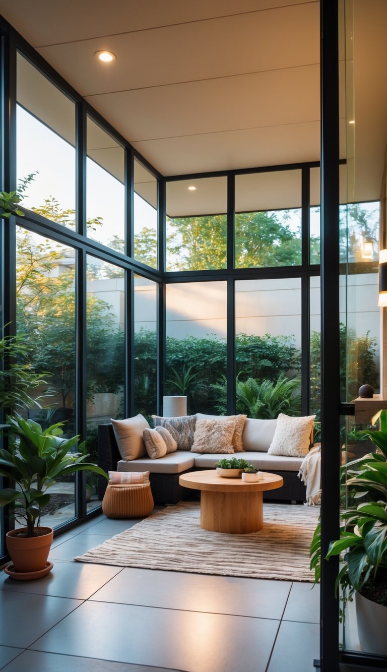 An enclosed patio with large glass panels, comfortable seating, and plants, showing a bright and cozy space connected to a garden.