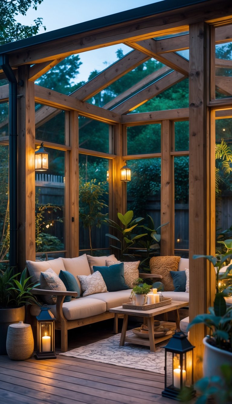 Enclosed patio with wooden frame, comfortable seating, plants, and natural light.