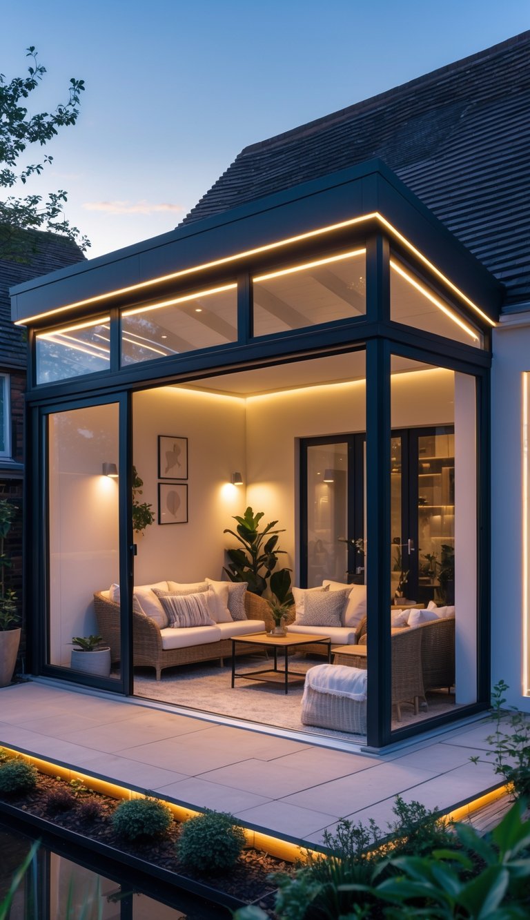An enclosed patio with modern roof extension, LED lighting, outdoor seating, and plants in the evening.
