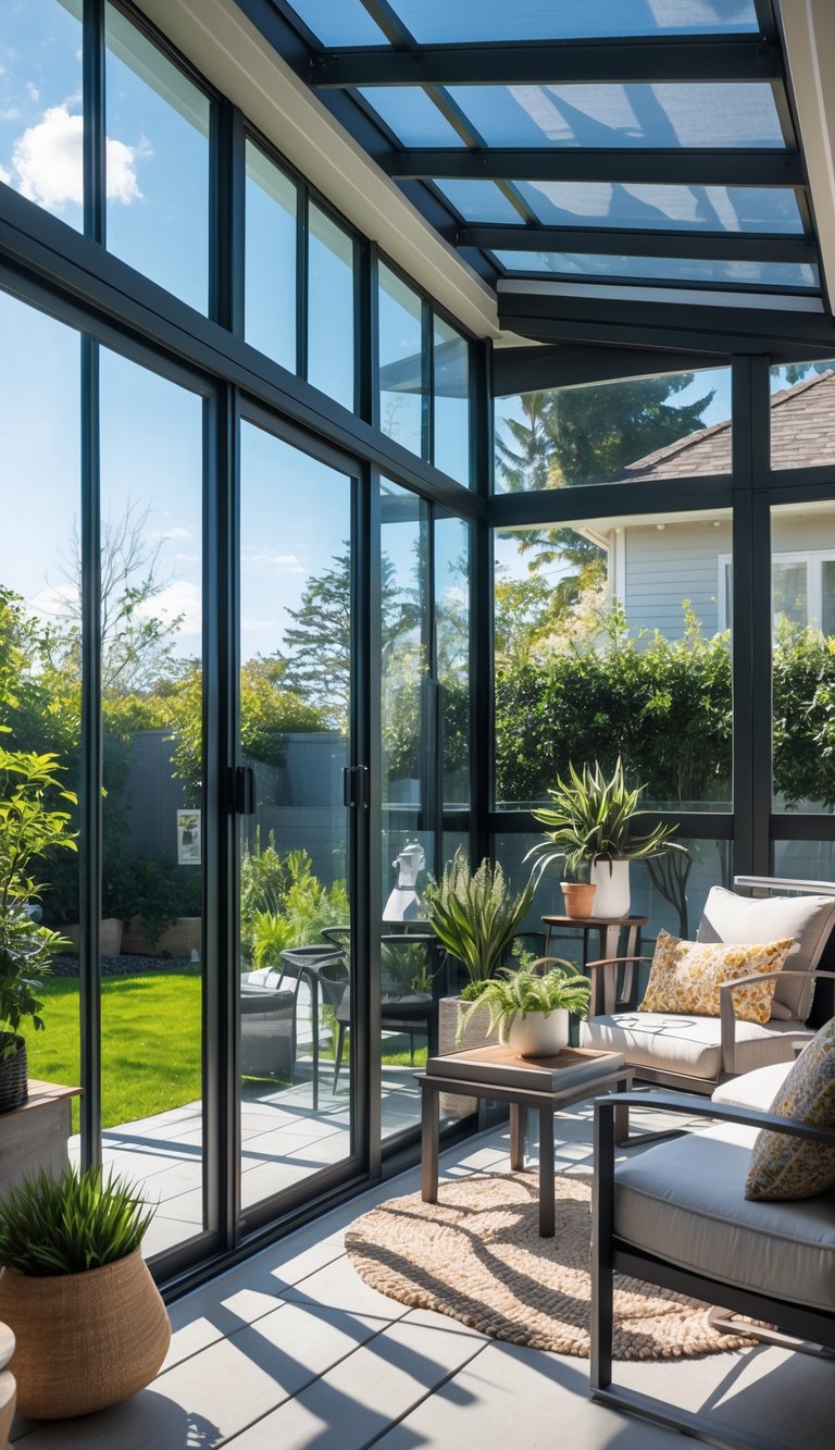 An enclosed patio with glass walls, comfortable seating, and a view of a garden.
