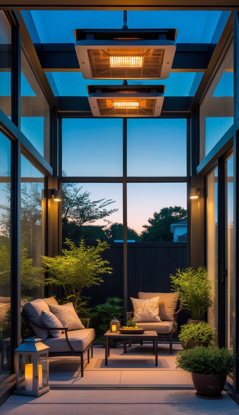 Enclosed patio with glass walls, outdoor ceiling heaters, cushioned seating, and plants creating a comfortable outdoor living space.
