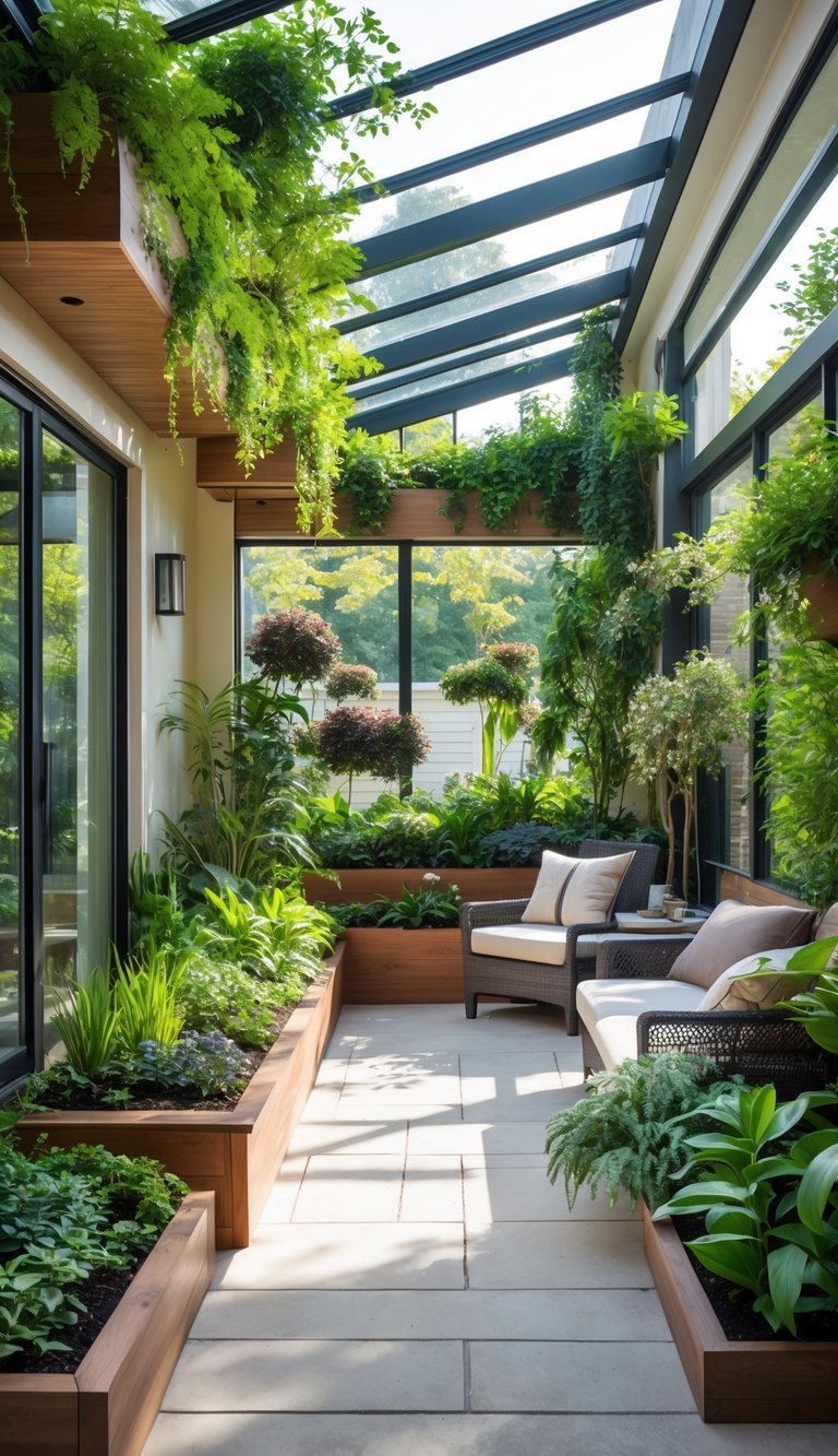 An enclosed patio with built-in planters filled with green plants, comfortable seating, and large windows letting in natural light.