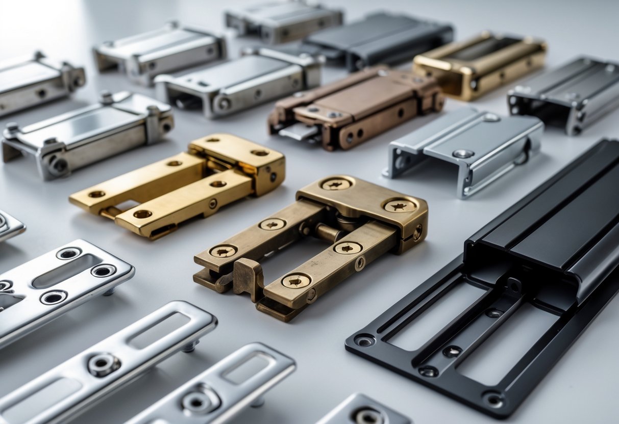 Various types of hinges made from different materials arranged on a white surface.