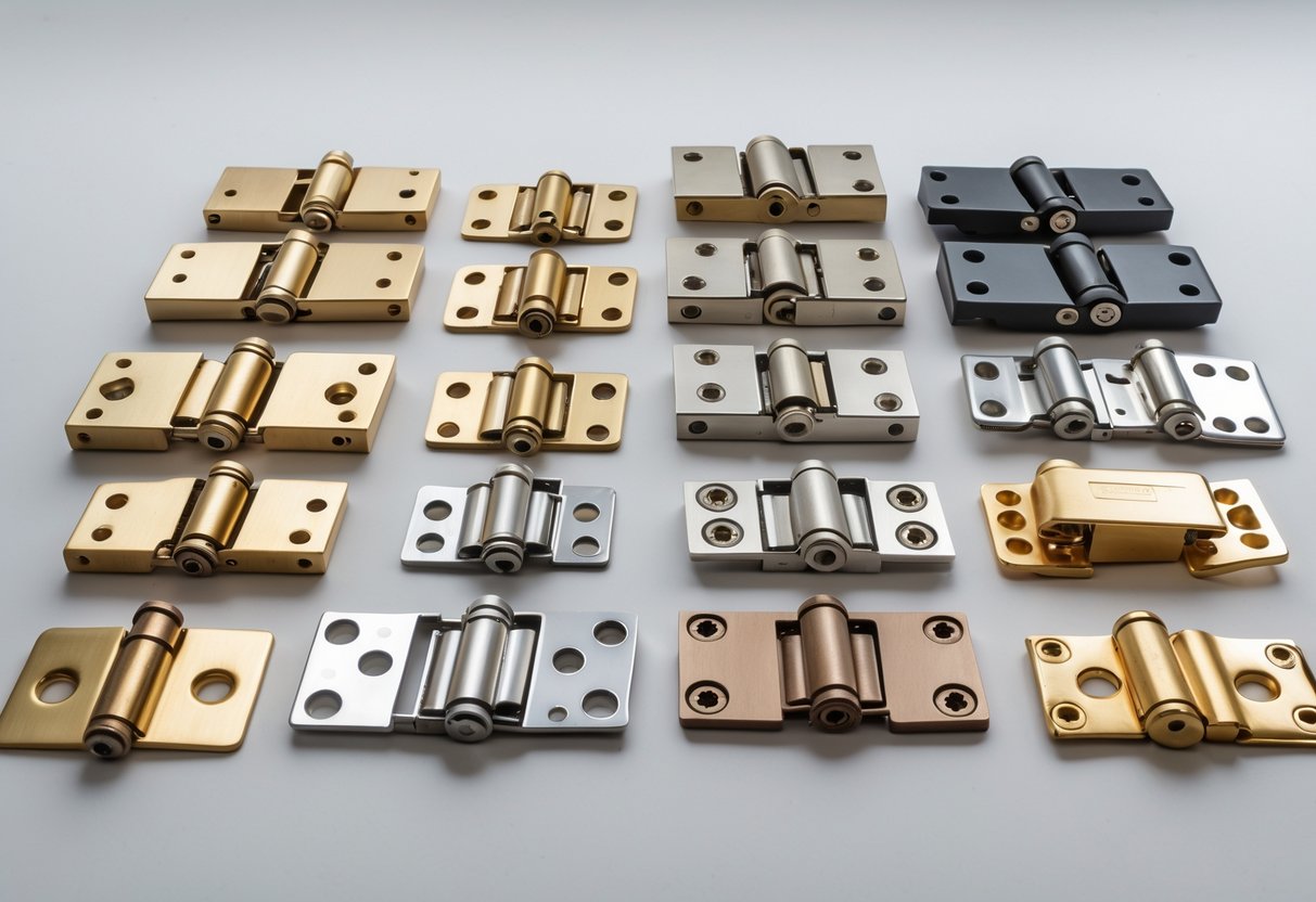 A collection of different metal hinges made from various materials arranged on a plain surface.