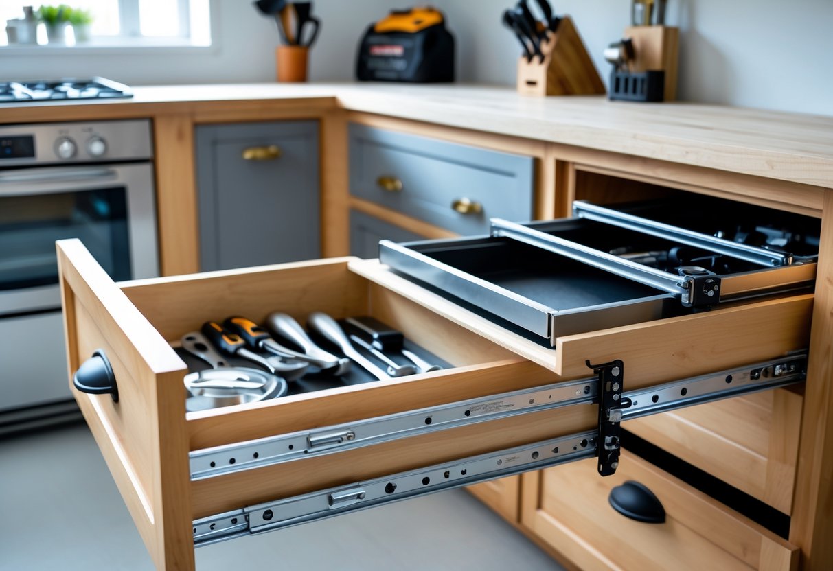 A scene showing several drawers open to reveal metal drawer slides inside, including a kitchen drawer with utensils, a tool chest drawer with tools, and a dresser drawer with clothes.
