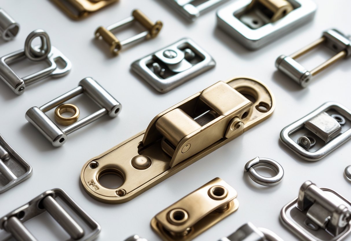 Close-up view of various metal catches and latches arranged on a white surface.