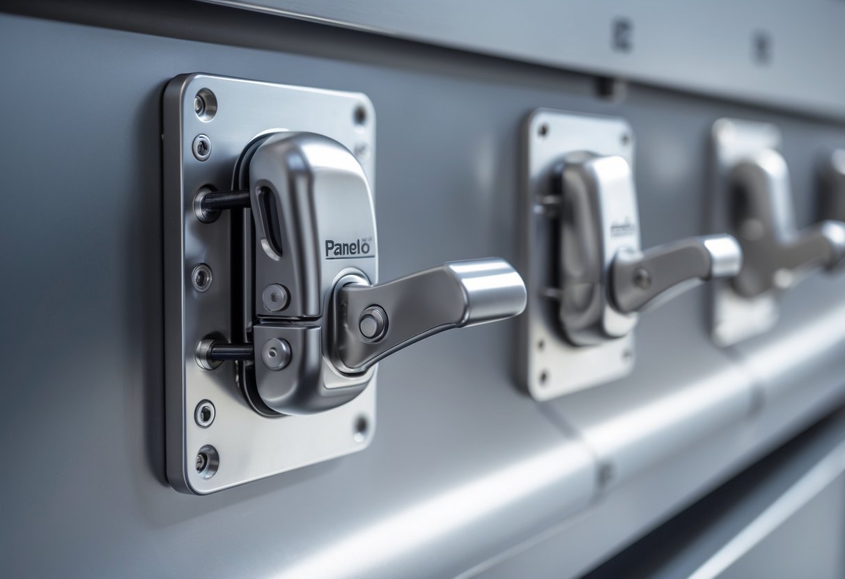 Close-up of several metal Paneloc slam latches attached to a metal surface in an industrial setting.