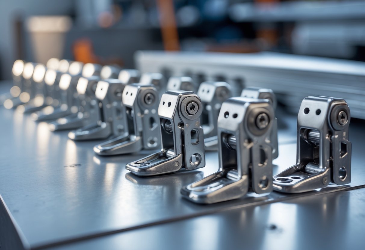 Close-up of several metallic Paneloc slam latches arranged on a workbench in an industrial setting.