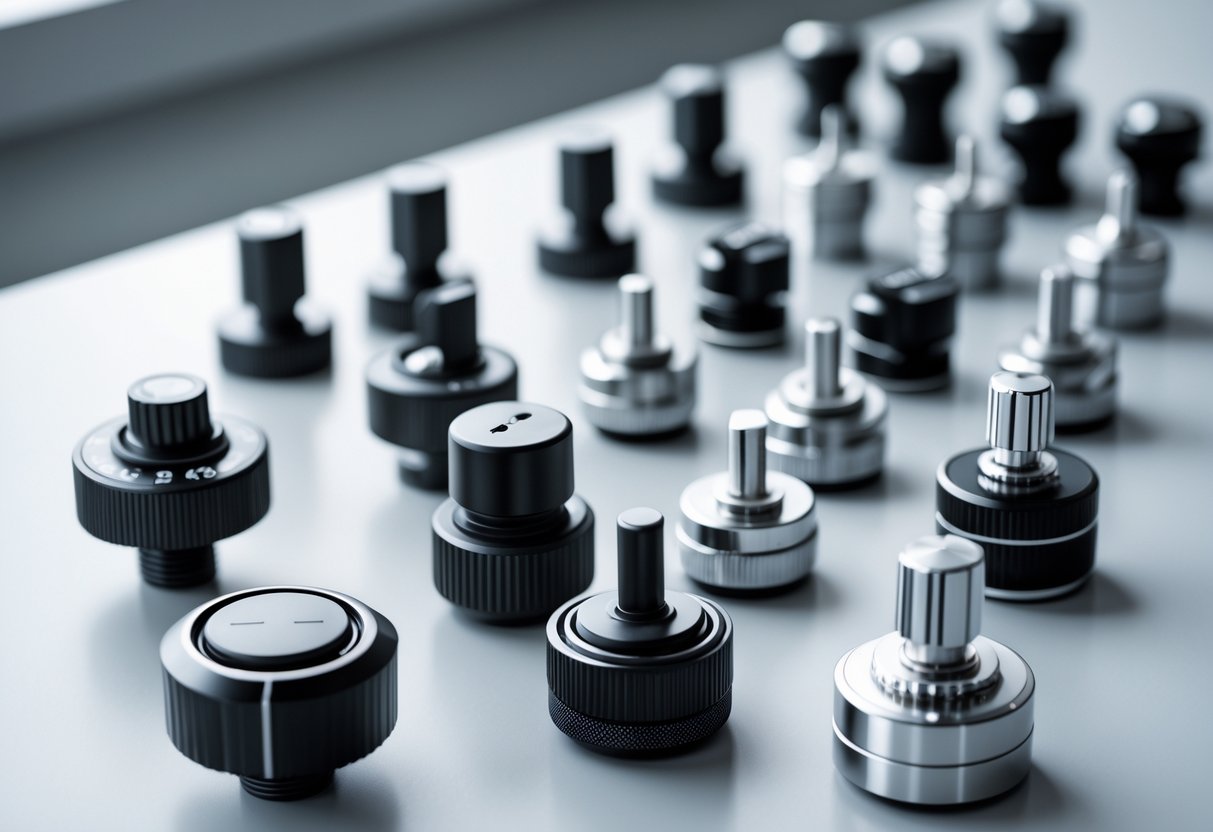 Close-up of various industrial control knobs arranged on a clean surface.