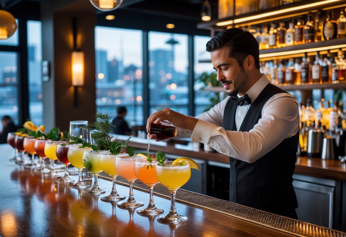 10 Cocktail Bars Seattle Locals Love for Style and Flavor 11 Interior of a stylish cocktail bar with a bartender preparing drinks behind a wooden bar counter lined with colorful cocktails and bottles.