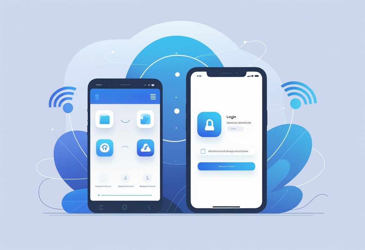A smartphone and tablet side by side with abstract app interfaces and wireless signal icons representing device compatibility and access options.