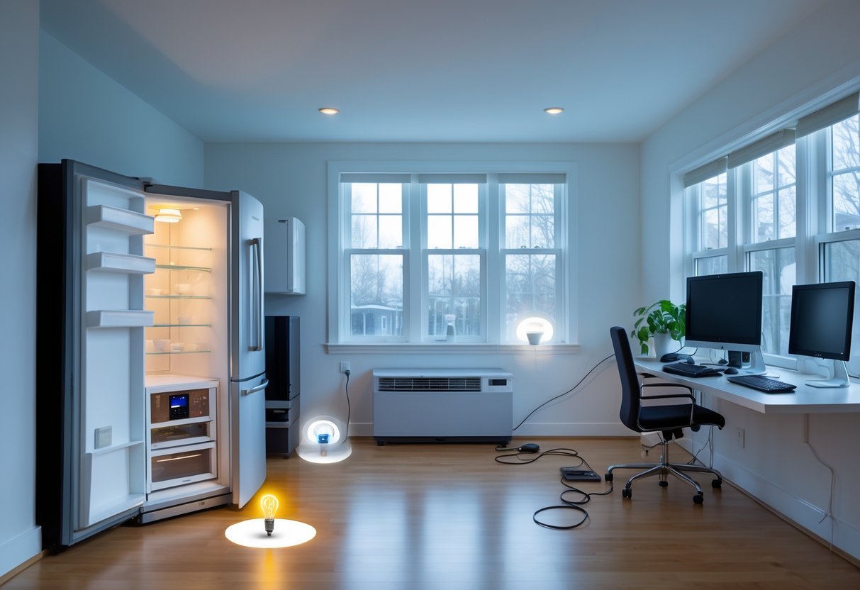 A modern living room showing household items like an open refrigerator, glowing light bulbs, a leaking faucet, and electronic devices left on, illustrating common sources of home energy waste.